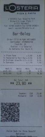 Rechnung - L'Osteria - Parndorf