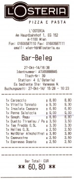 L'Osteria 1100 Hbhf - Rechnung - L'Osteria - Wien