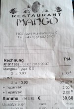 Restaurant Mango 1100 Wien - Rechnung - Mango - Wien